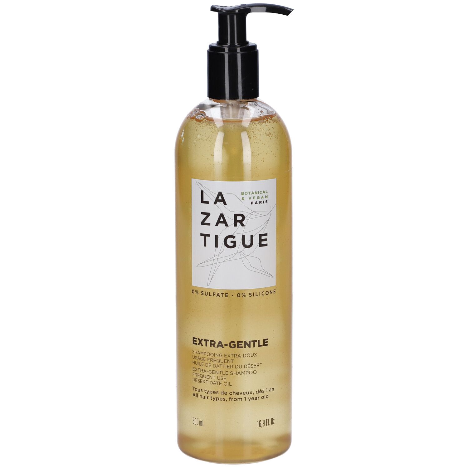 Flasche mit Shampoo. Aufschrift: LAZARTIGUE, EXTRA-GENTLE. Mit Pumpe. 500 ml.
