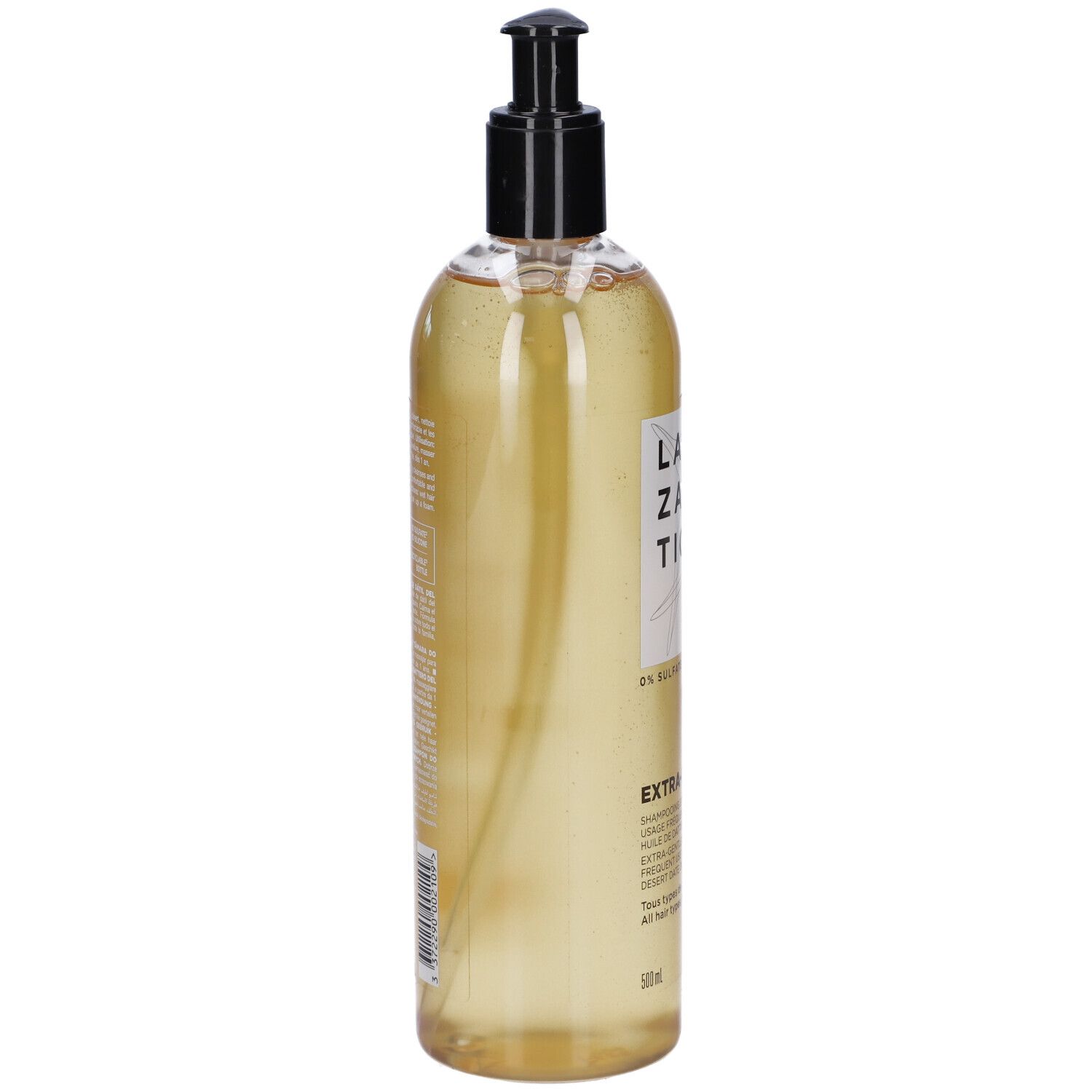 Flasche Shampoo, Seitenansicht. Aufschrift: LAZARTIGUE, EXTRA-GENTLE. Mit Pumpe.