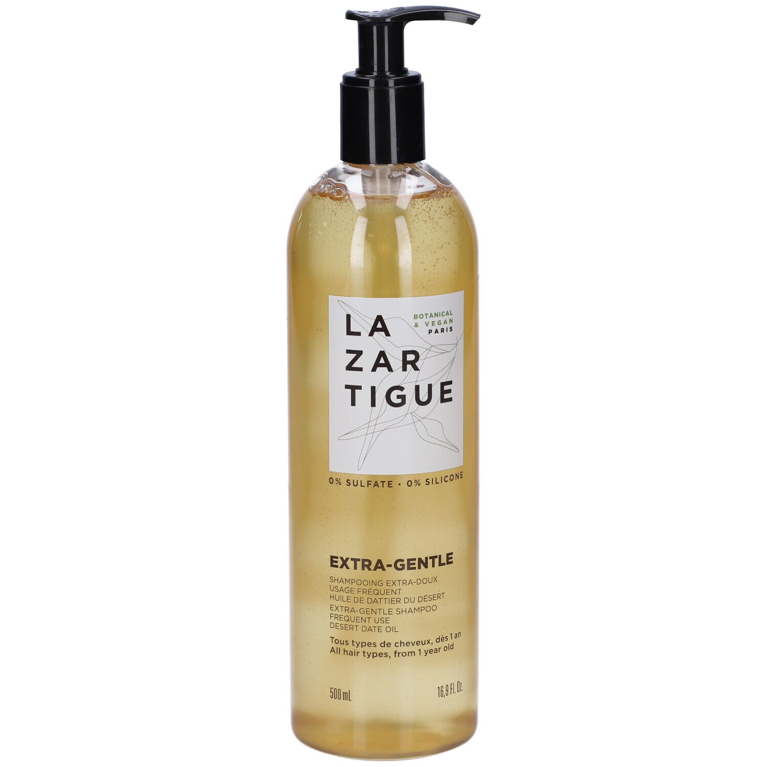 Flasche mit Shampoo. Aufschrift: LAZARTIGUE, EXTRA-GENTLE. Mit Pumpe. 500 ml.