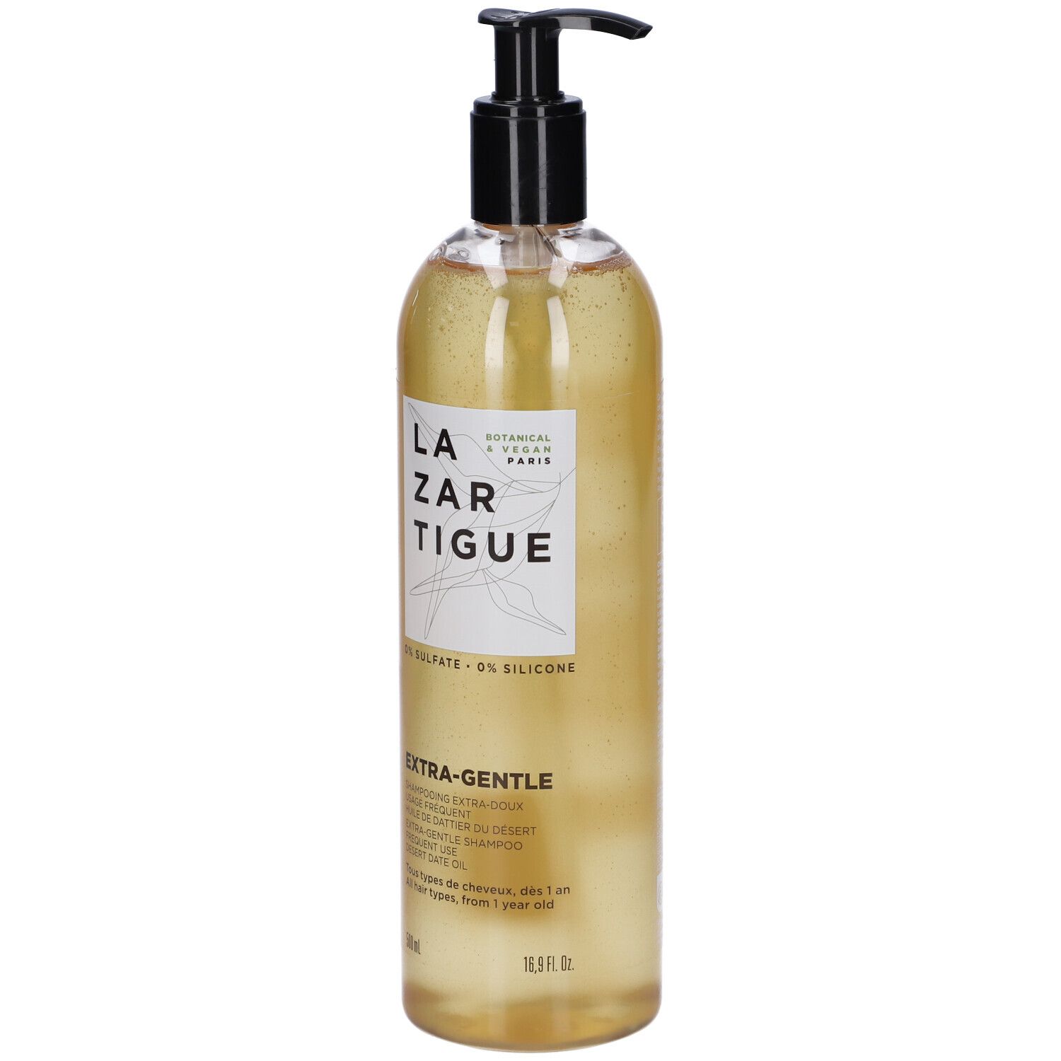 Flasche mit Shampoo. Aufschrift: LAZARTIGUE, EXTRA-GENTLE. Mit Pumpe. 500 ml.