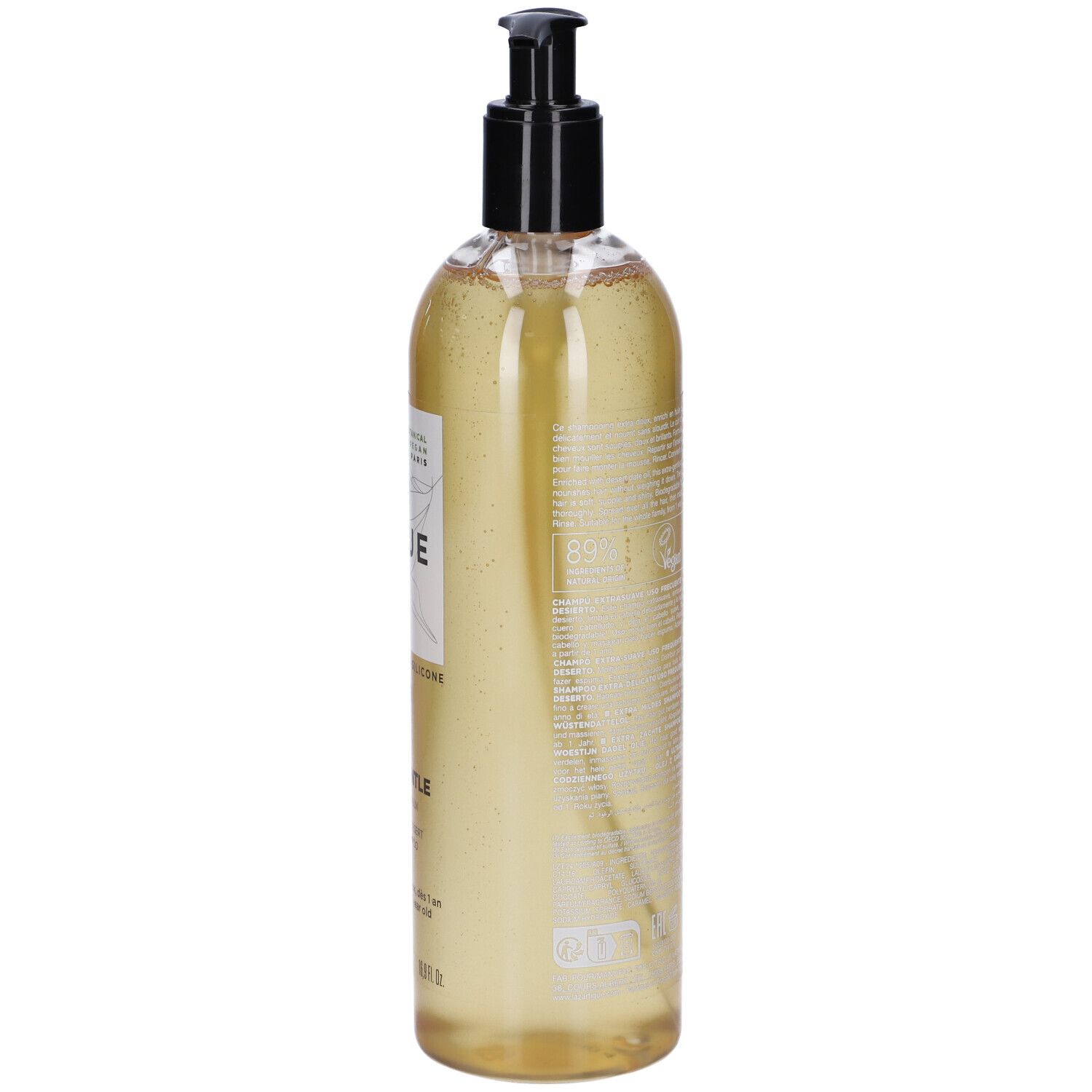 Rückseite der Shampoo-Flasche. Text in mehreren Sprachen. Mit Pumpe.