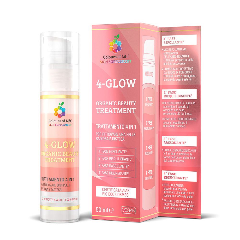 Flasche und Karton für Colours Of Life 4-Glow Bio-Schönheitsbehandlung, 50 ml.
