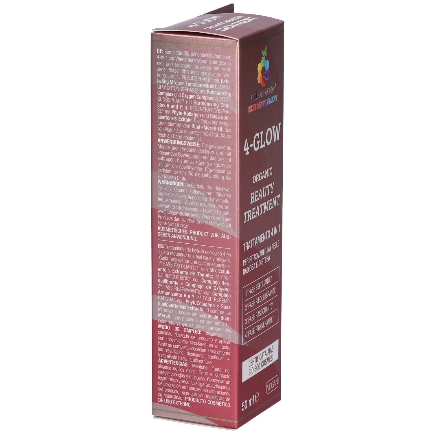 Colours Of Life 4-Glow Organic Beauty Treatment Verpackung, Rückseite mit Text.