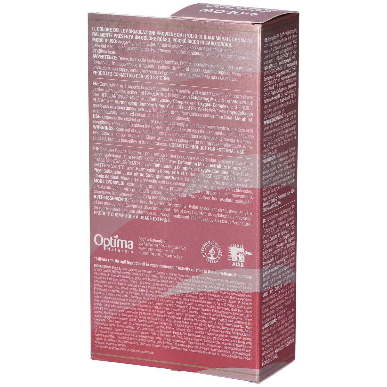 Colours Of Life 4-Glow Organic Beauty Treatment Verpackung, Seite mit Text.