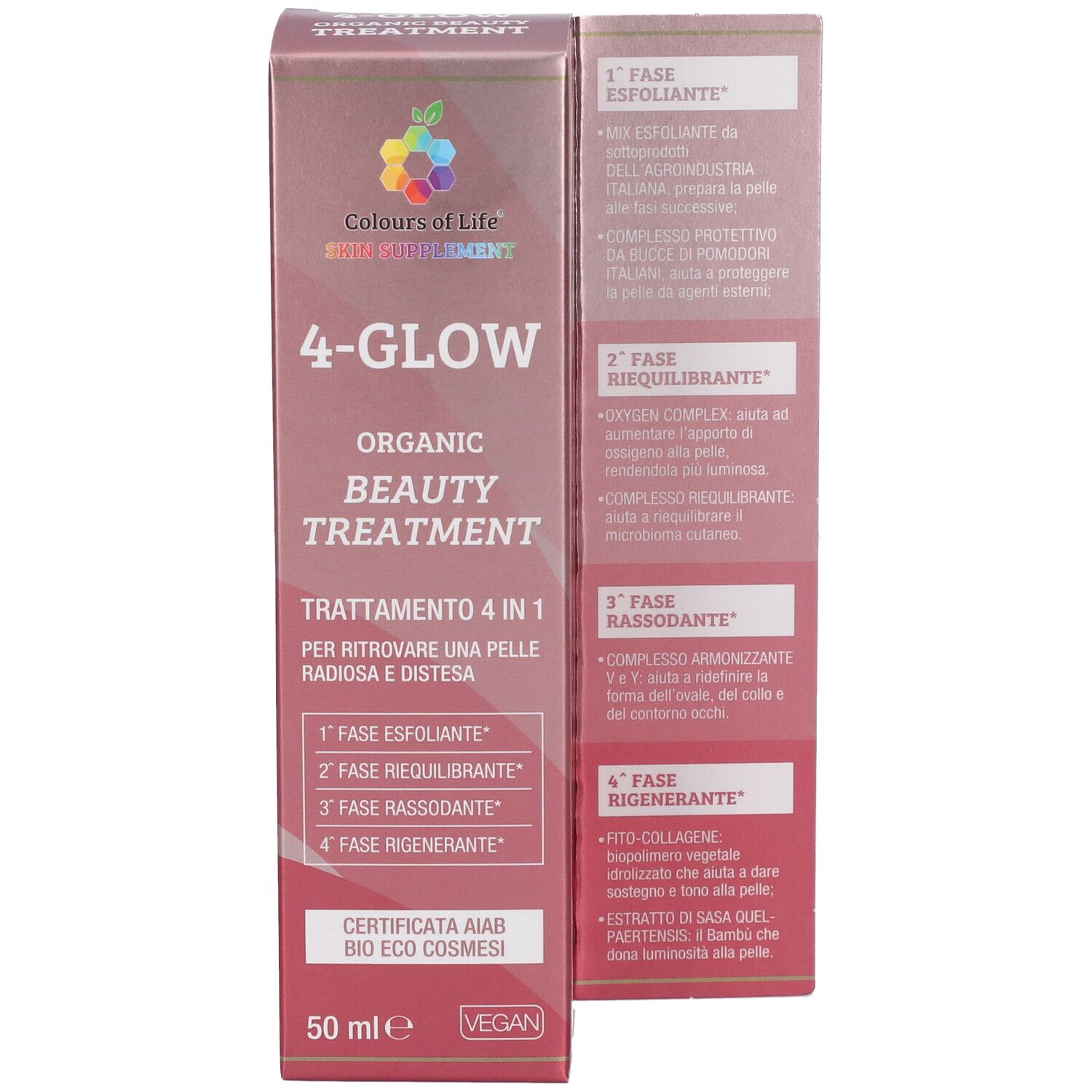 Colours Of Life 4-Glow Organic Beauty Treatment Verpackung, Vorderseite und Seite.