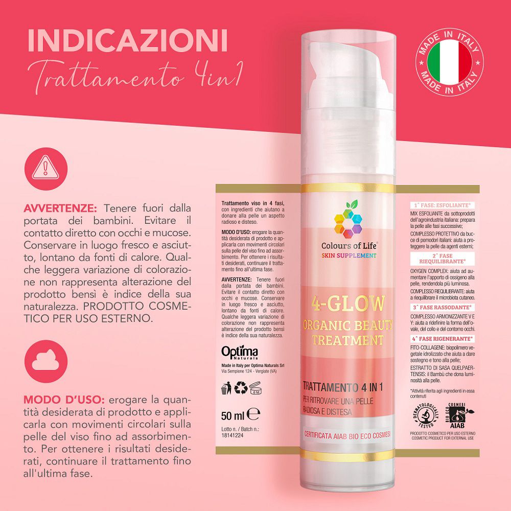 Flasche der Colours Of Life 4-Glow Bio-Schönheitsbehandlung, Made in Italy.