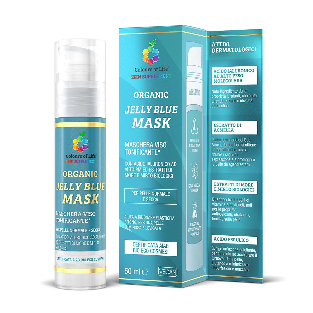 Colours of Life Organic Jelly Blue Mask Spender und Faltschachtel.