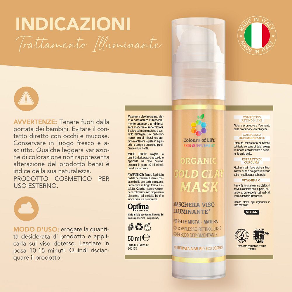 Gold-Tonmaske im Spender mit Faltschachtel. Made in Italy.