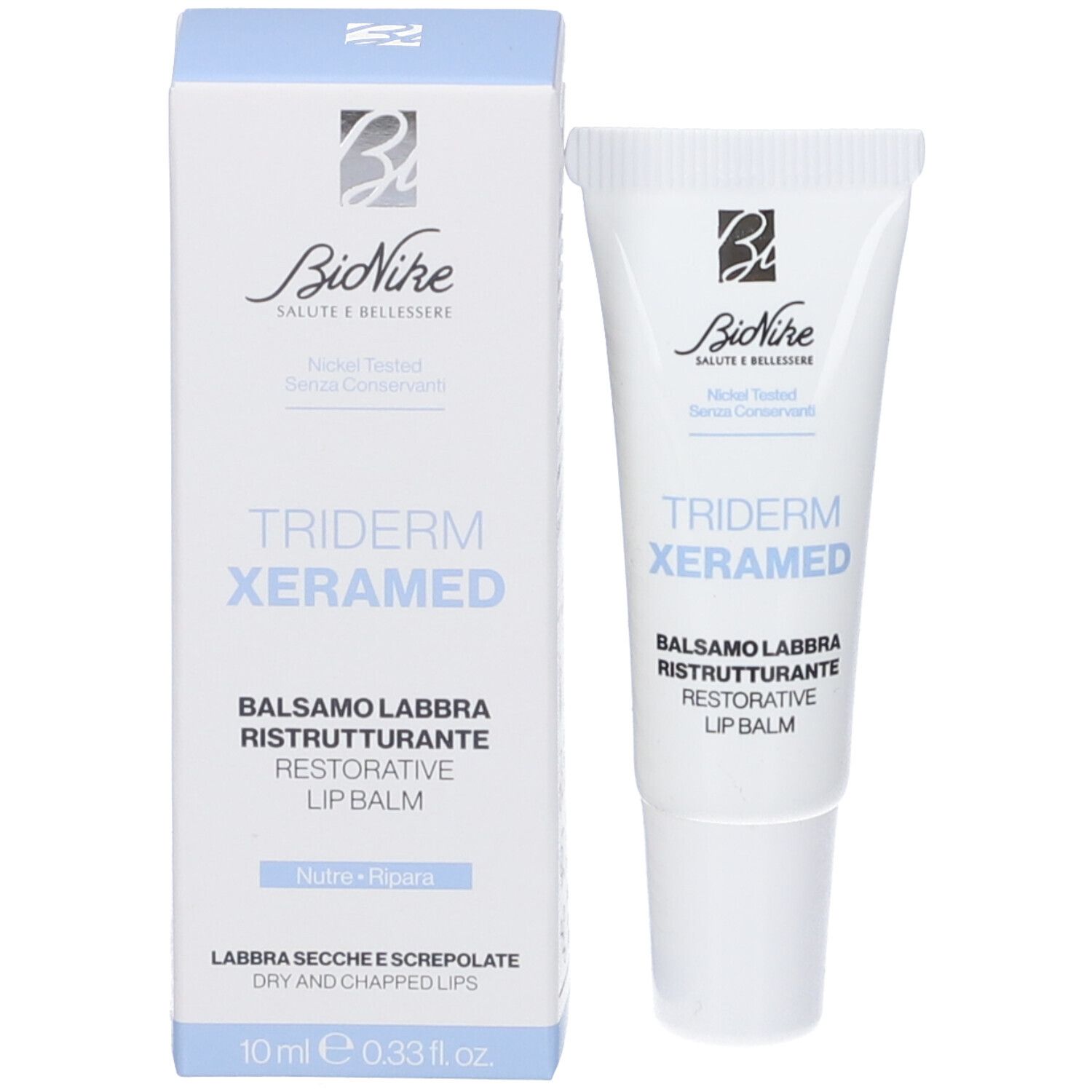 Produktverpackung: Tube und Schachtel. Tube: TRIDERM XERAMED, Balsamo Labbra, Restorative Lip Balm. Schachtel: Marke Bionike.