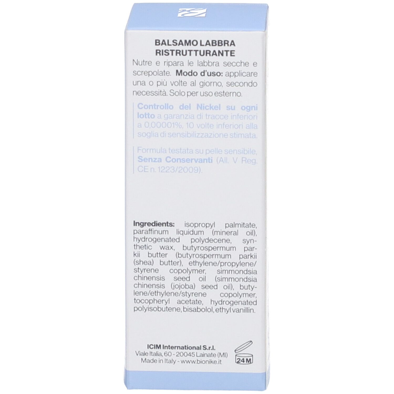 Schachtel, Seite mit Inhaltsstoffen. Enthält Informationen zu Inhaltsstoffen und Hersteller. Marke Bionike.
