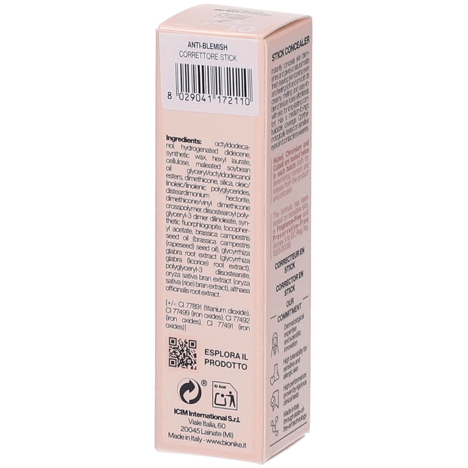 Verpackung eines Anti-Blemish Korrekturstifts mit Inhaltsstoffliste und Barcode.