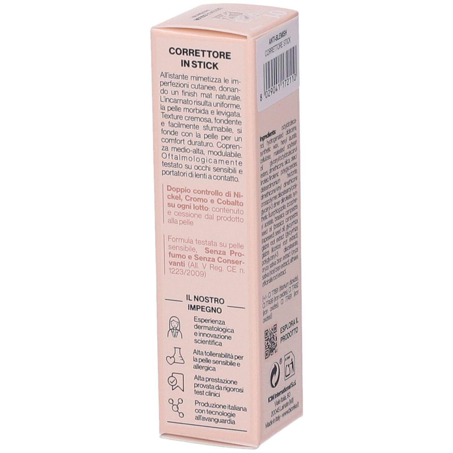 Ein Korrektor-Stick in Stiftform mit mattem Finish. Die Verpackung enthält Produktinformationen.