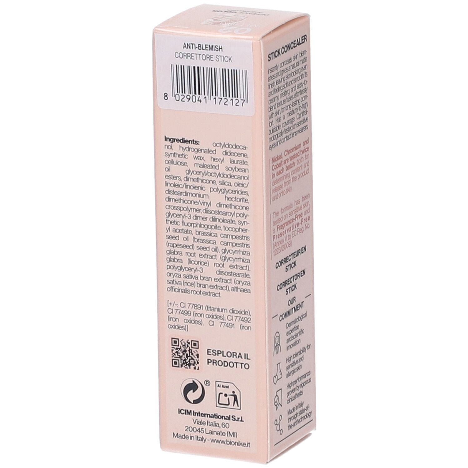 Confezione di correttore stick anti-imperfezioni con lista ingredienti e codice a barre.