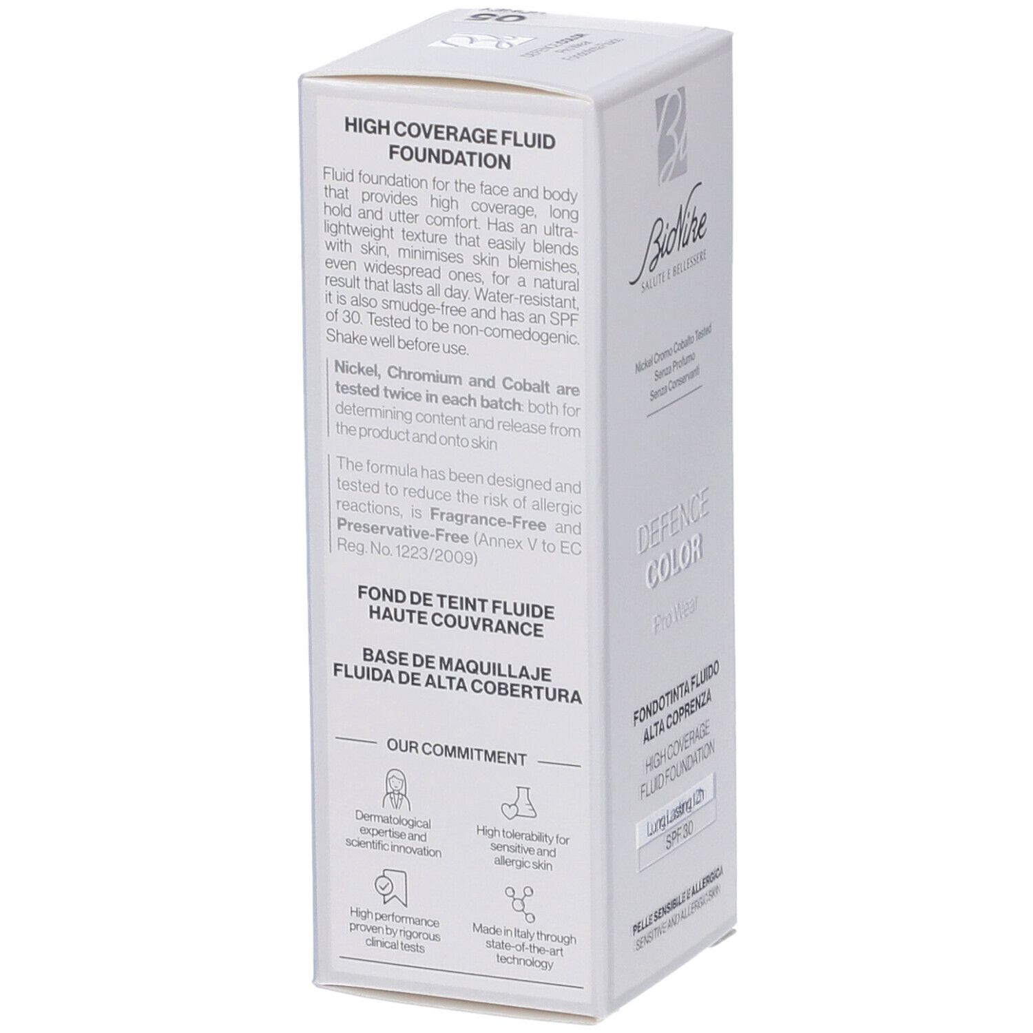 Confezione Bionike Defence Color fondotinta fluido alta coprenza con informazioni sul prodotto.