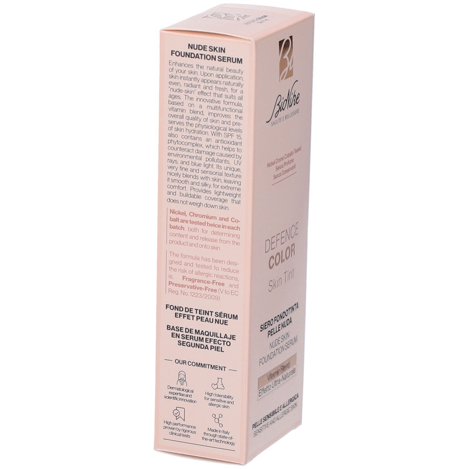 Bionike Defence Color Nude Skin Foundation Serum Karton. Rosa Verpackung mit Produktinformationen.