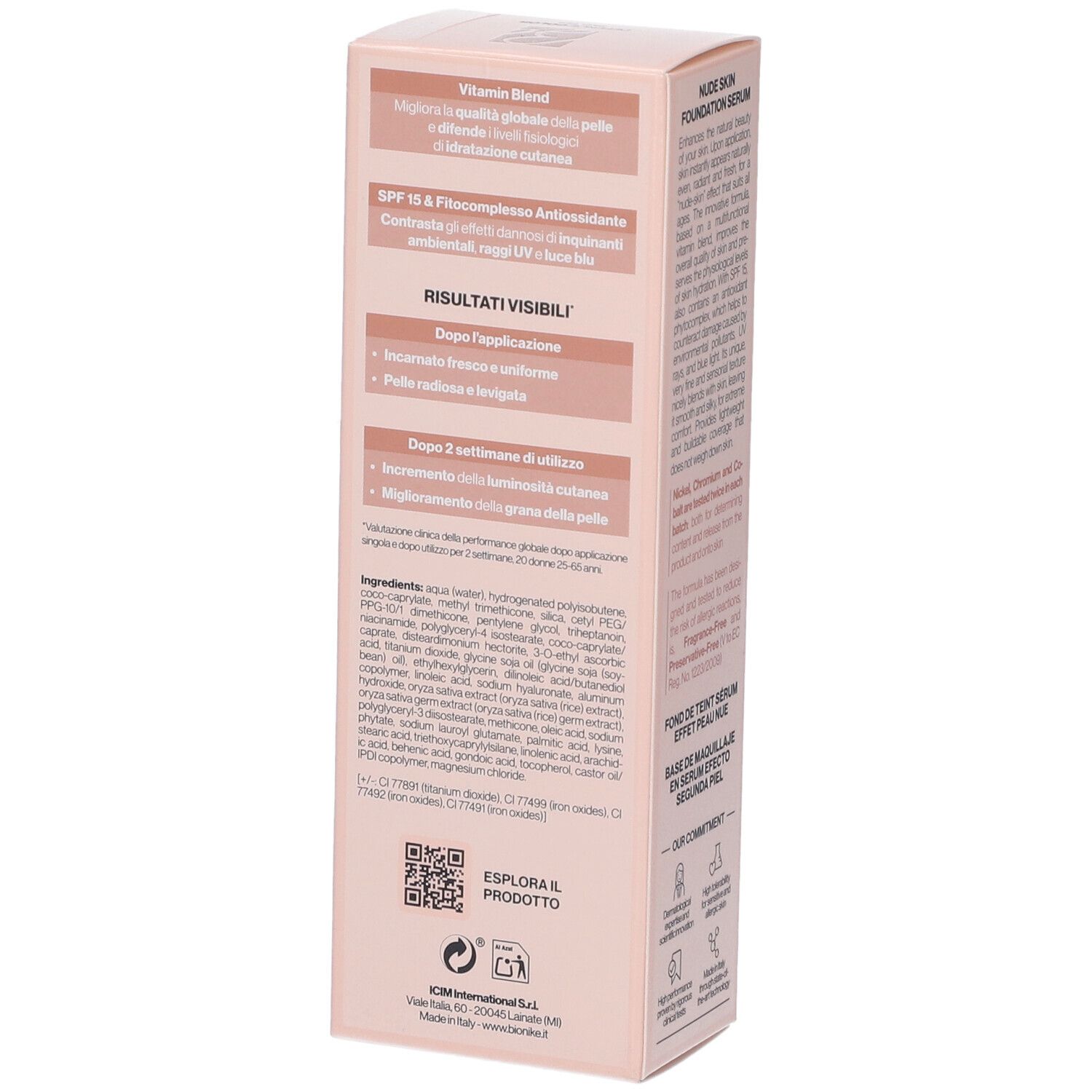 Verpackung mit Vitamin Blend, SPF 15 & 4-fach Antioxidans Komplex, sichtbaren Ergebnissen und Inhaltsstoffen.