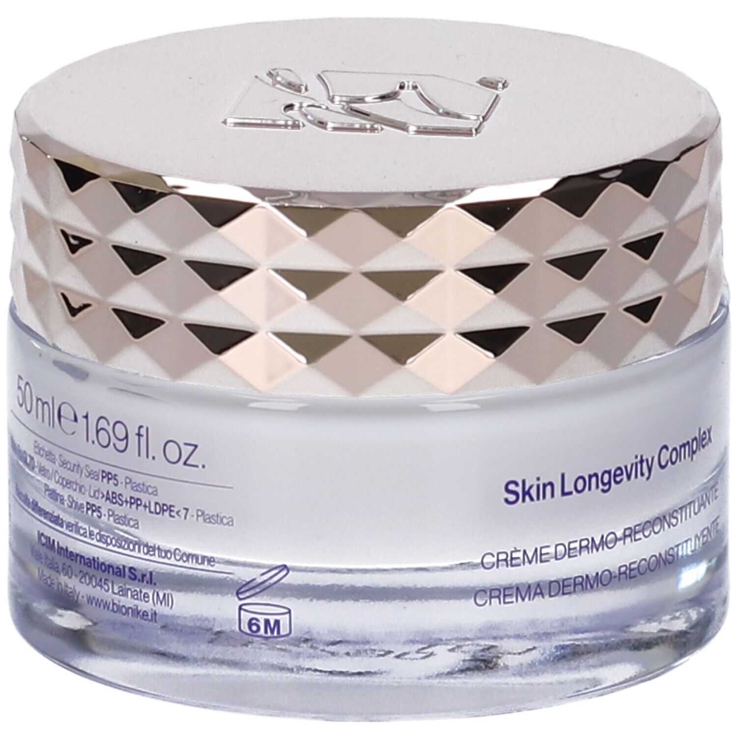 Creme-Tiegel mit silberfarbenem Deckel. Aufschrift: "50 ml e 1.69 fl. oz." und "Skin Longevity Complex".