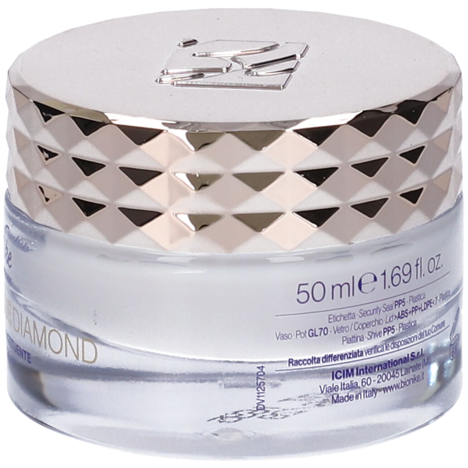 Creme-Tiegel mit silberfarbenem Deckel. Aufschrift: "50 ml e 1.69 fl. oz.".