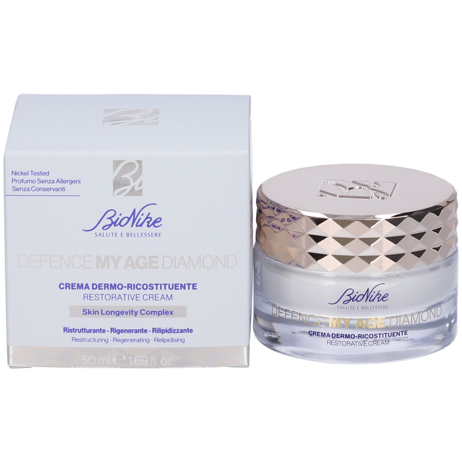 Creme-Tiegel und Schachtel. Auf der Schachtel steht "DEFENCE MY AGE DIAMOND" und "CREMA DERMO-RICOSTITUENTE".