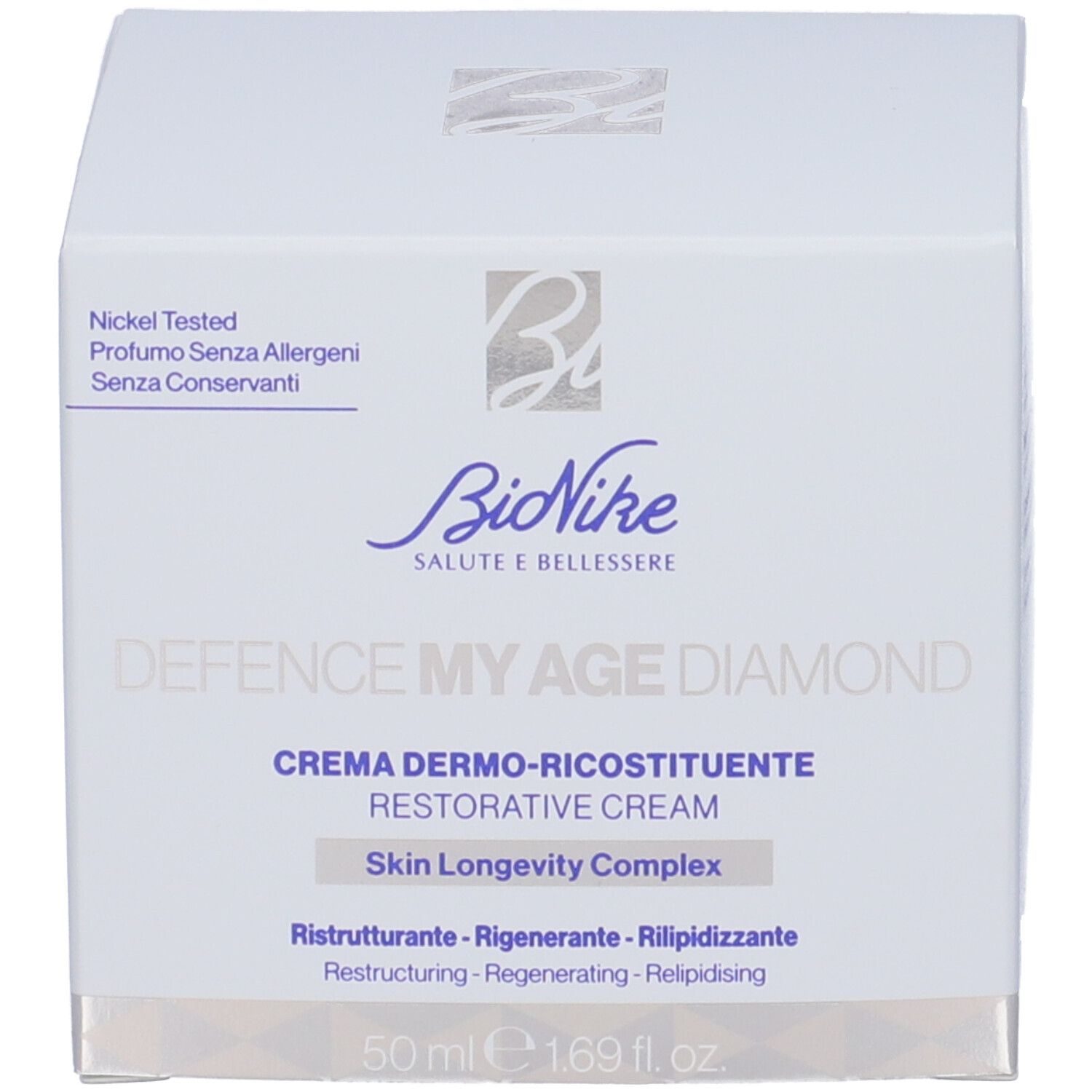 Schachtel mit Aufschrift "DEFENCE MY AGE DIAMOND" und "CREMA DERMO-RICOSTITUENTE".