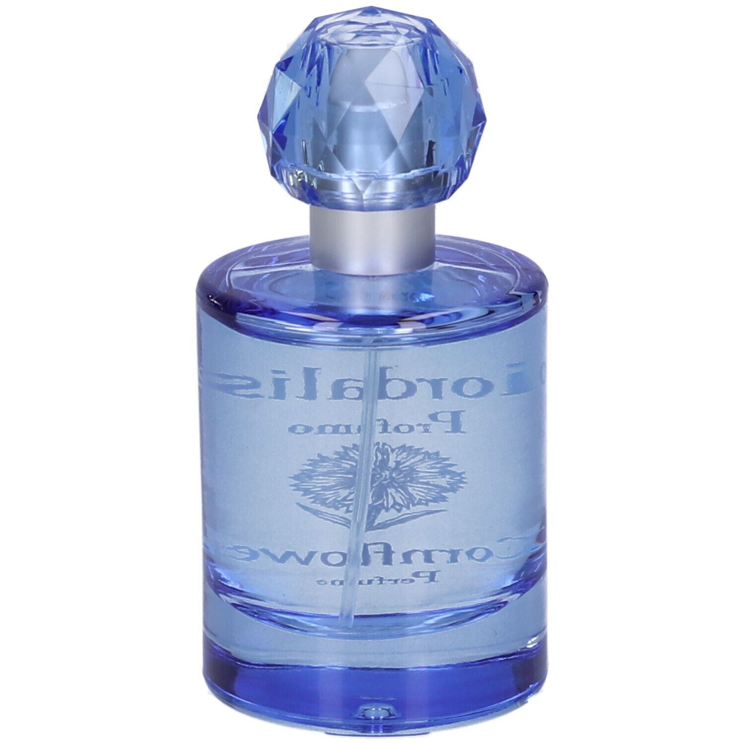 Blaues Parfumflakon mit blauem Deckel. Aufschrift: L'Erbolario, Fiordaliso, Profumo, Cornflower Perfume.