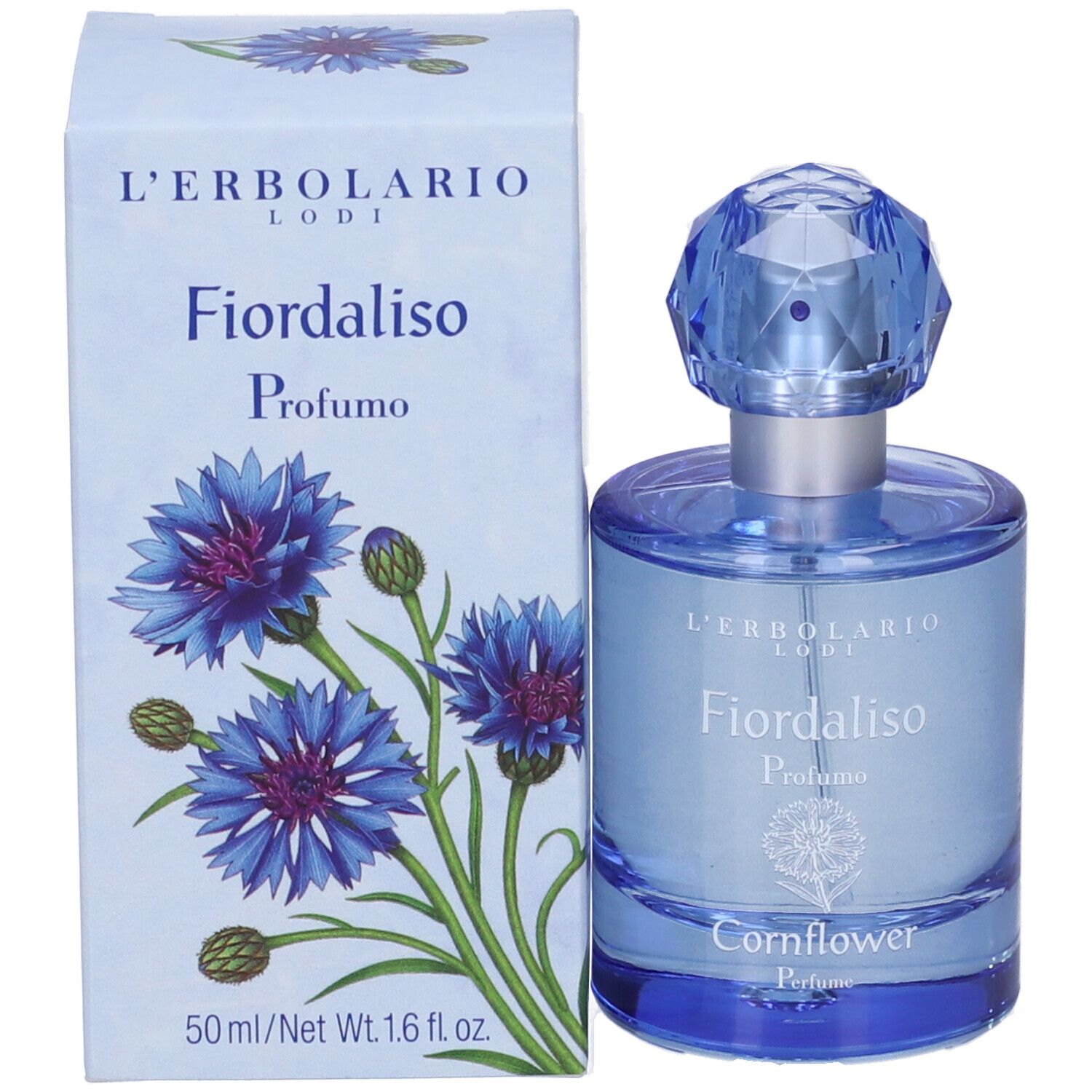 Parfumflakon und Schachtel. Aufschrift: L'Erbolario, Fiordaliso, Profumo. Schachtel mit Kornblumen-Illustration.