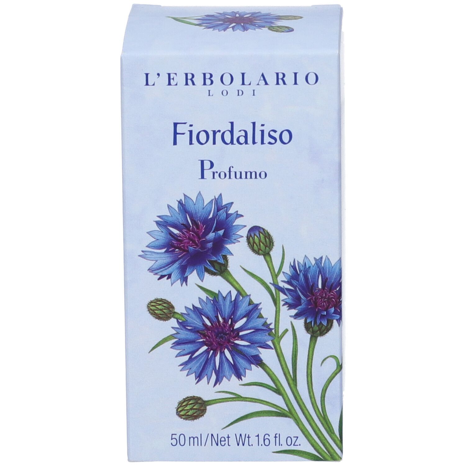 Schachtel mit Kornblumen-Illustration. Aufschrift: L'Erbolario, Fiordaliso, Profumo. 50 ml/Net Wt. 1.6 fl. oz.