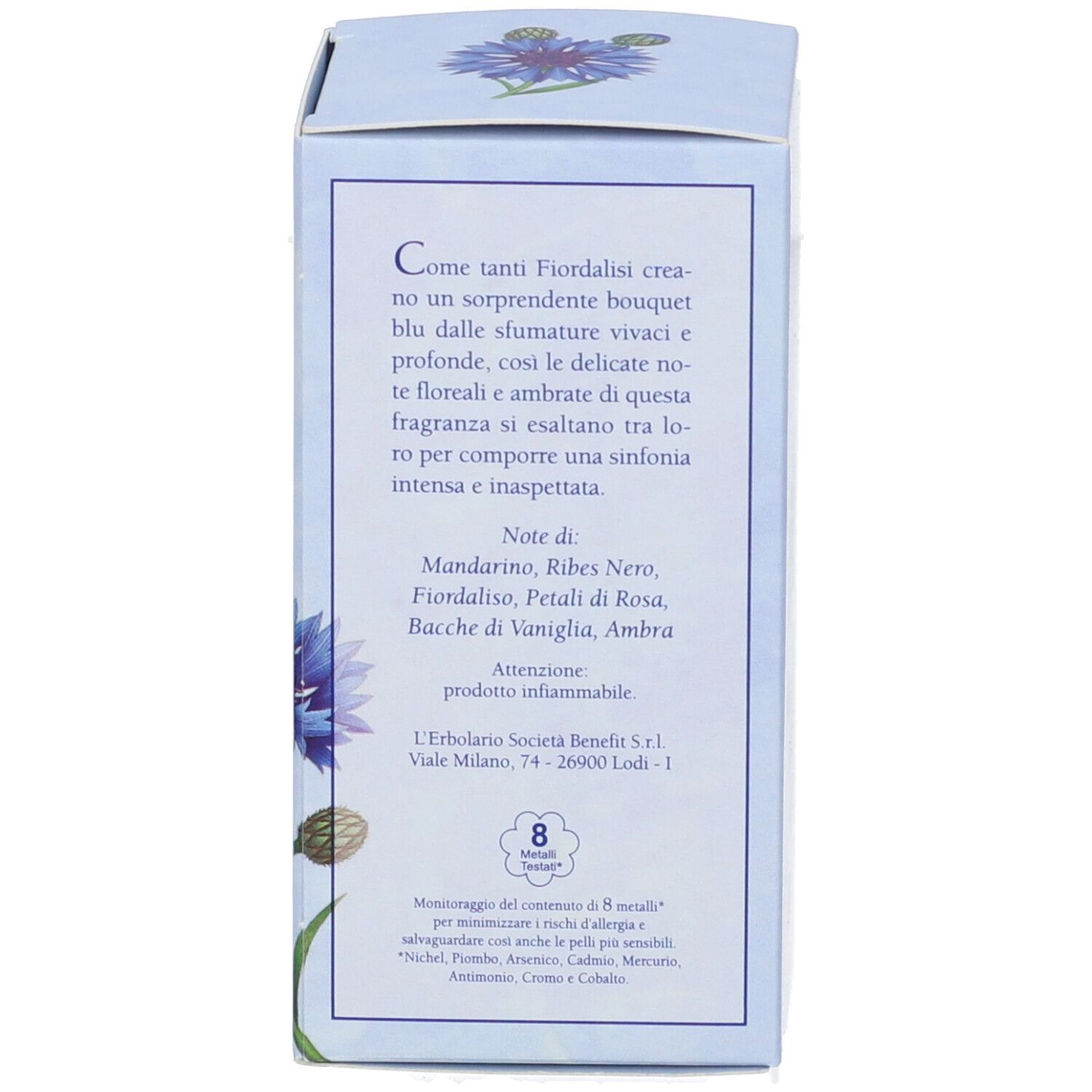 Rückseite der Schachtel. Text in italienischer Sprache. Illustration von Kornblumen. 8 Metall-Symbol.