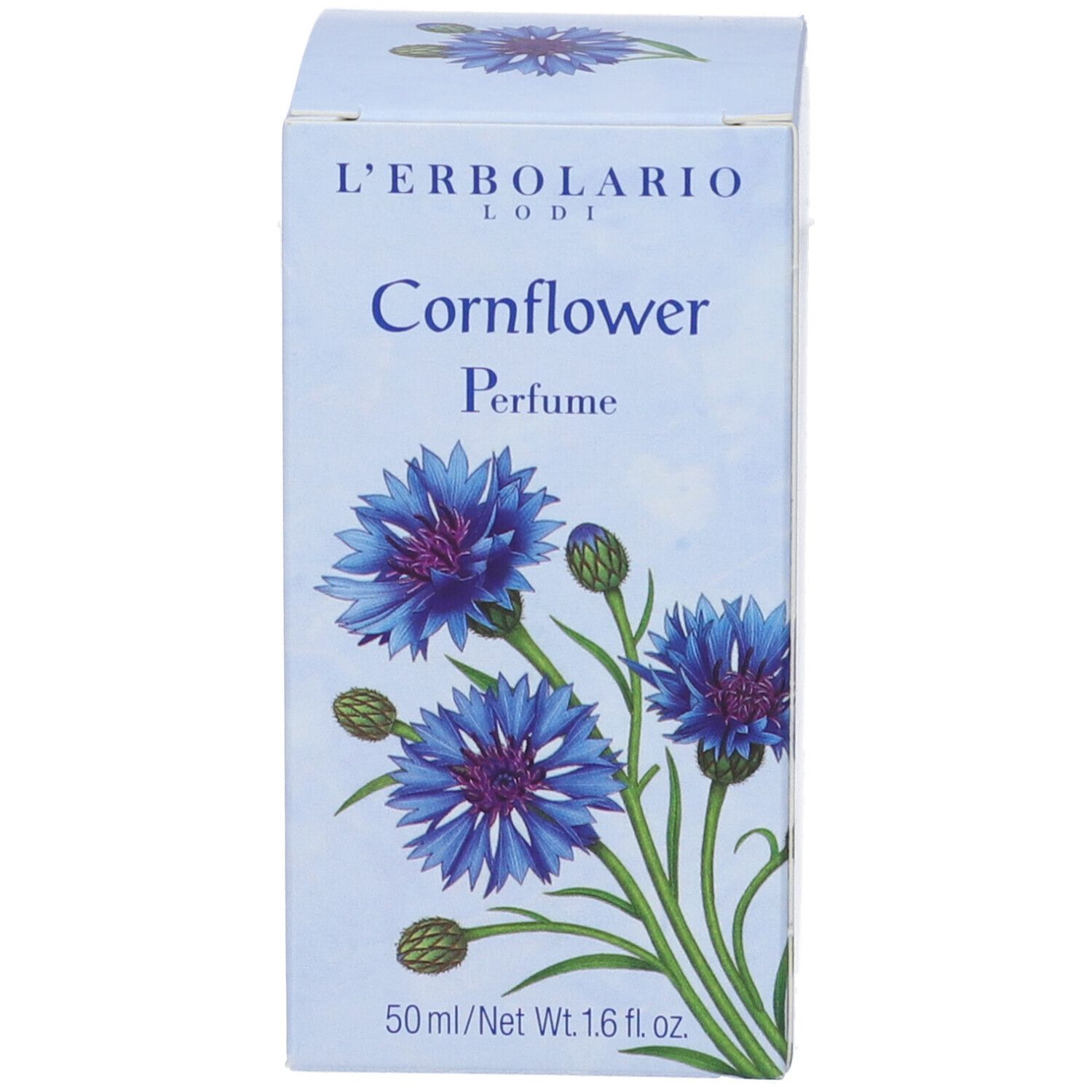 Schachtel mit Kornblumen-Illustration. Aufschrift: L'Erbolario, Cornflower Perfume. 50 ml/Net Wt. 1.6 fl. oz.