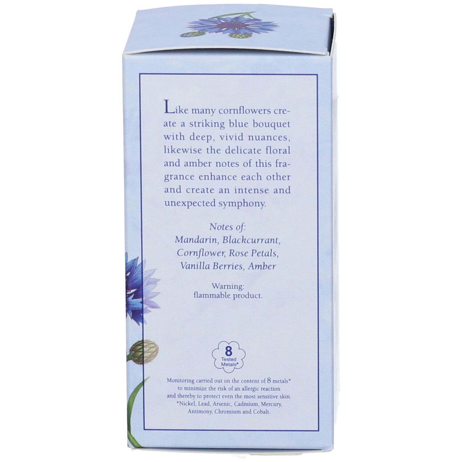 Rückseite der Schachtel. Text in englischer Sprache. Illustration von Kornblumen. 8 Metall-Symbol.