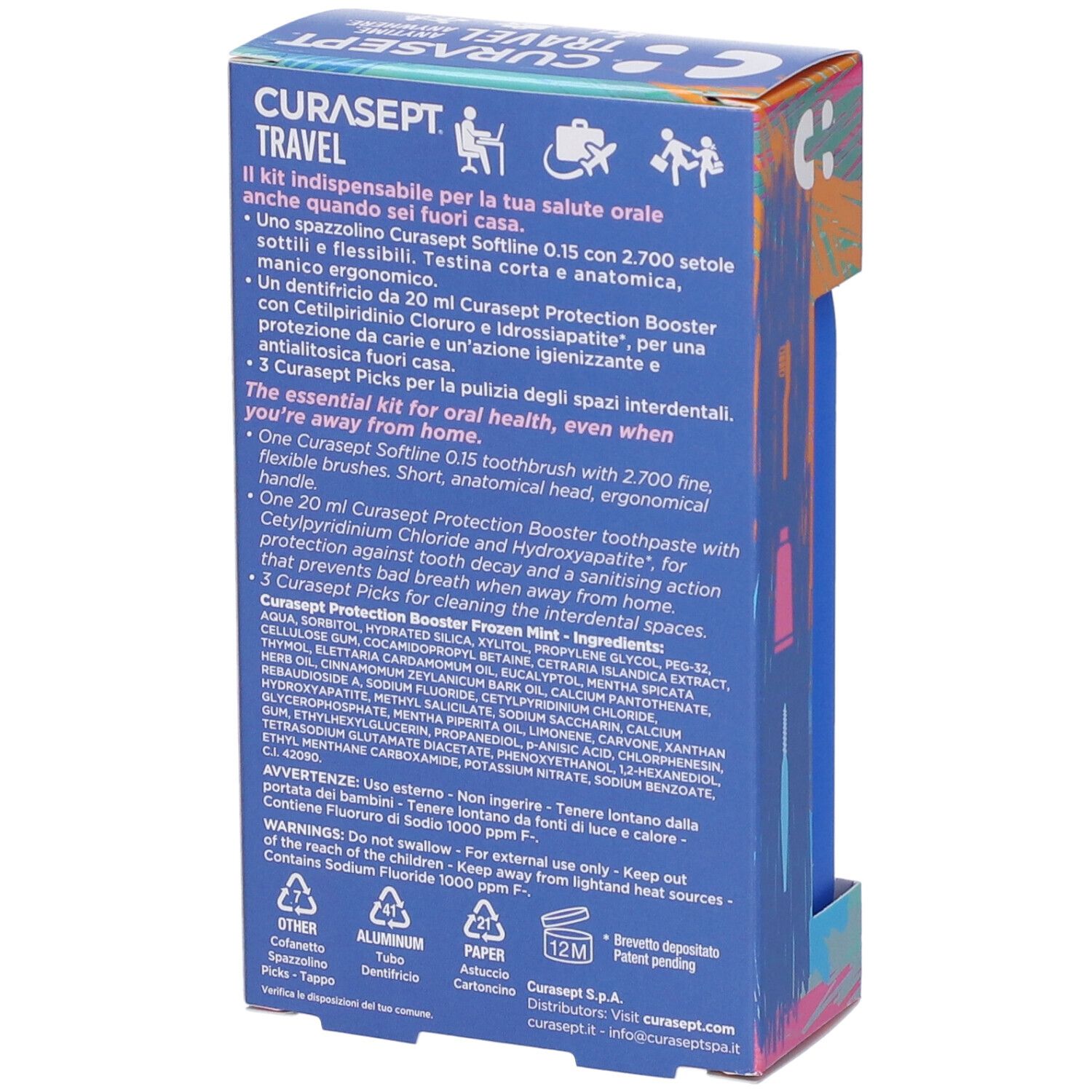 Rückseite der Verpackung. Text: Curasept Travel. Inhaltsstoffe und Produktinformationen.