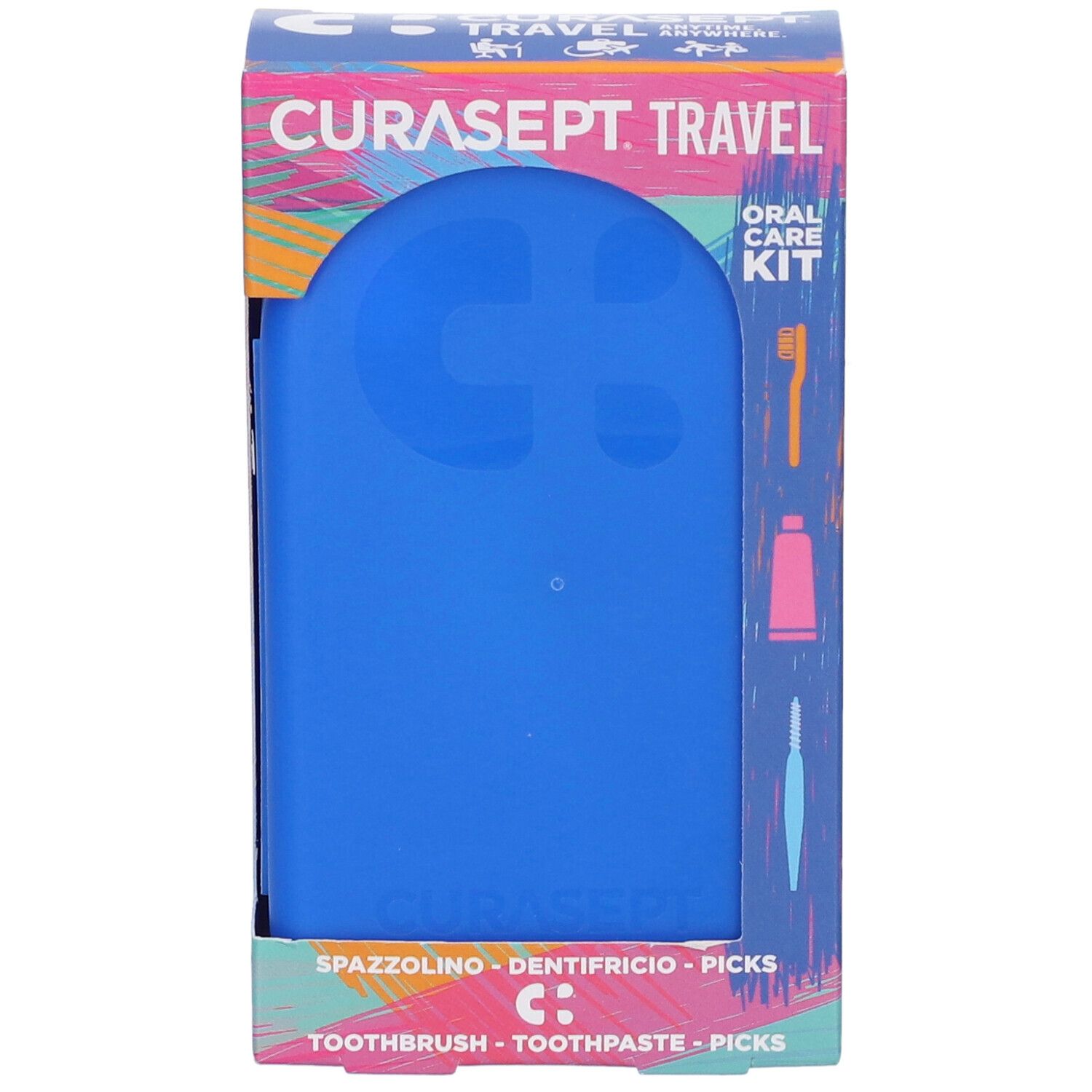 Blaues Reise-Set in Verpackung. Marke Curasept Travel. Enthält Zahnbürste, Zahnpasta, Picks.