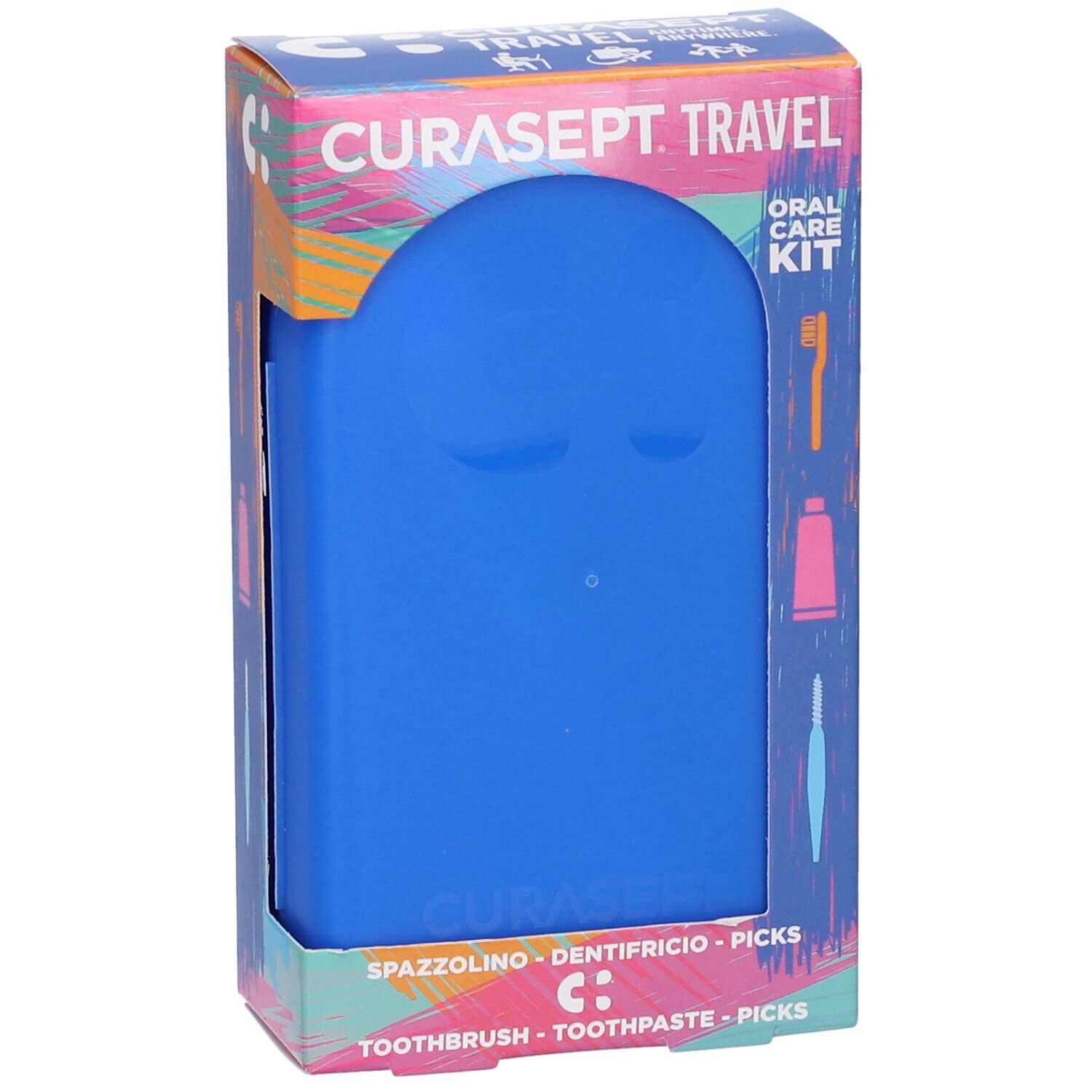 Blaues Reise-Set in Verpackung. Marke Curasept Travel. Enthält Zahnbürste, Zahnpasta, Picks.