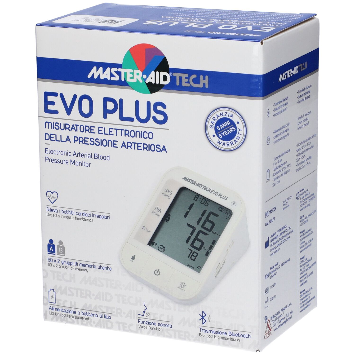 Confezione del misuratore di pressione Master-Aid Tech Evo Plus. Dispositivo e display visibili. Testo: EVO PLUS, Electronic Arterial Blood Pressure Monitor.
