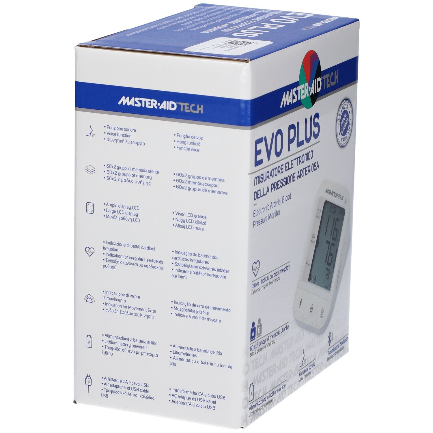 Confezione del misuratore di pressione Master-Aid Tech Evo Plus. Informazioni sul prodotto sulla confezione. Dispositivo con display visibile.