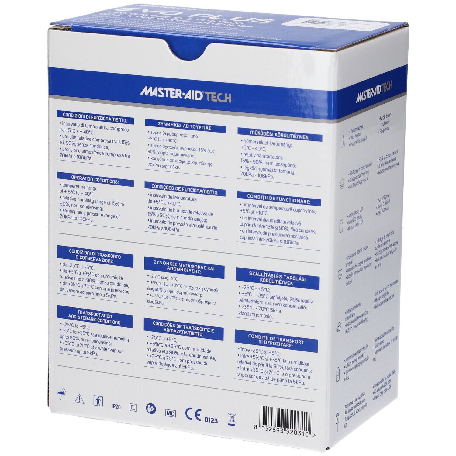 Retro della confezione del misuratore di pressione Master-Aid Tech Evo Plus. Specifiche tecniche e informazioni.