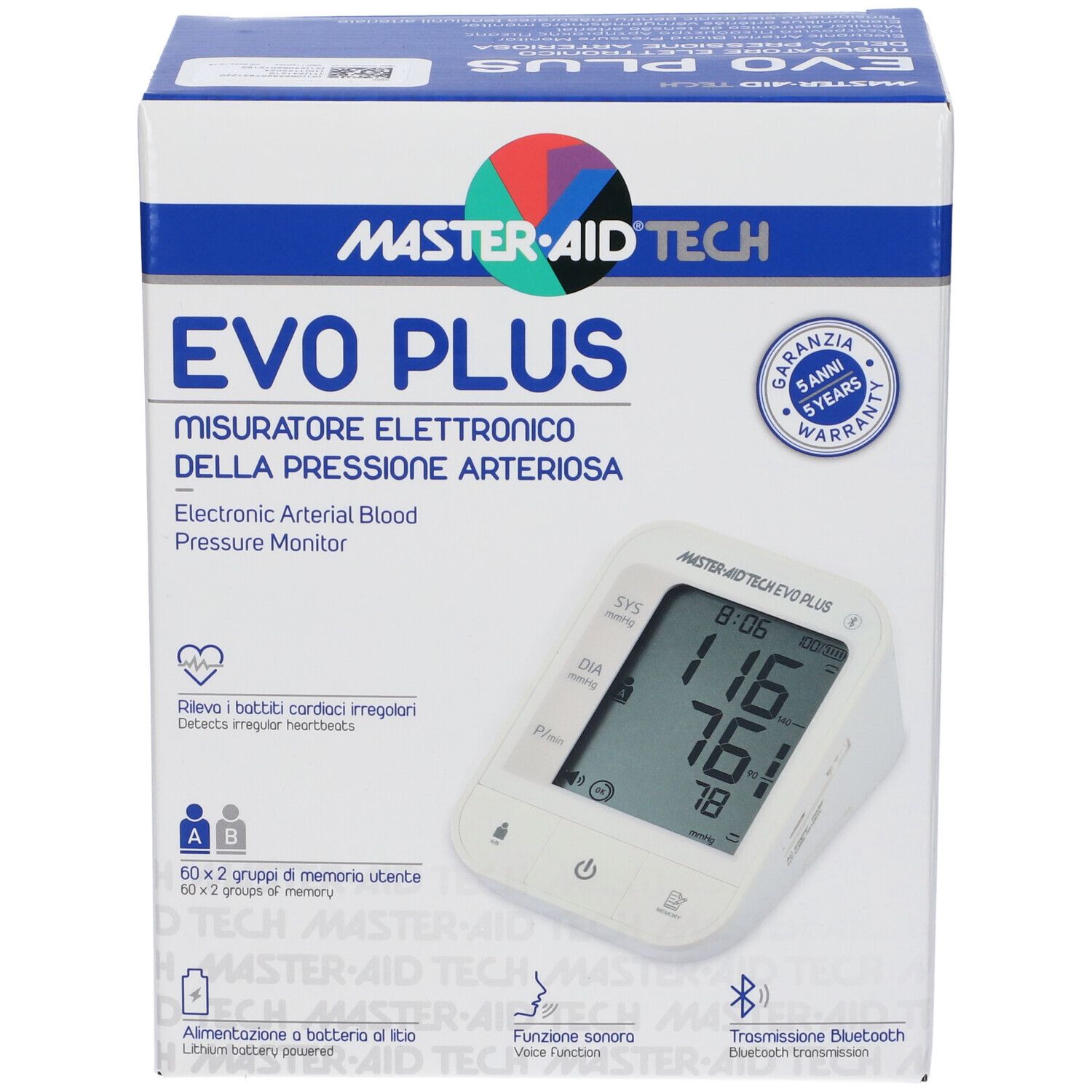 Confezione del misuratore di pressione Master-Aid Tech Evo Plus. Dispositivo e display visibili. Testo: EVO PLUS, Electronic Arterial Blood Pressure Monitor.