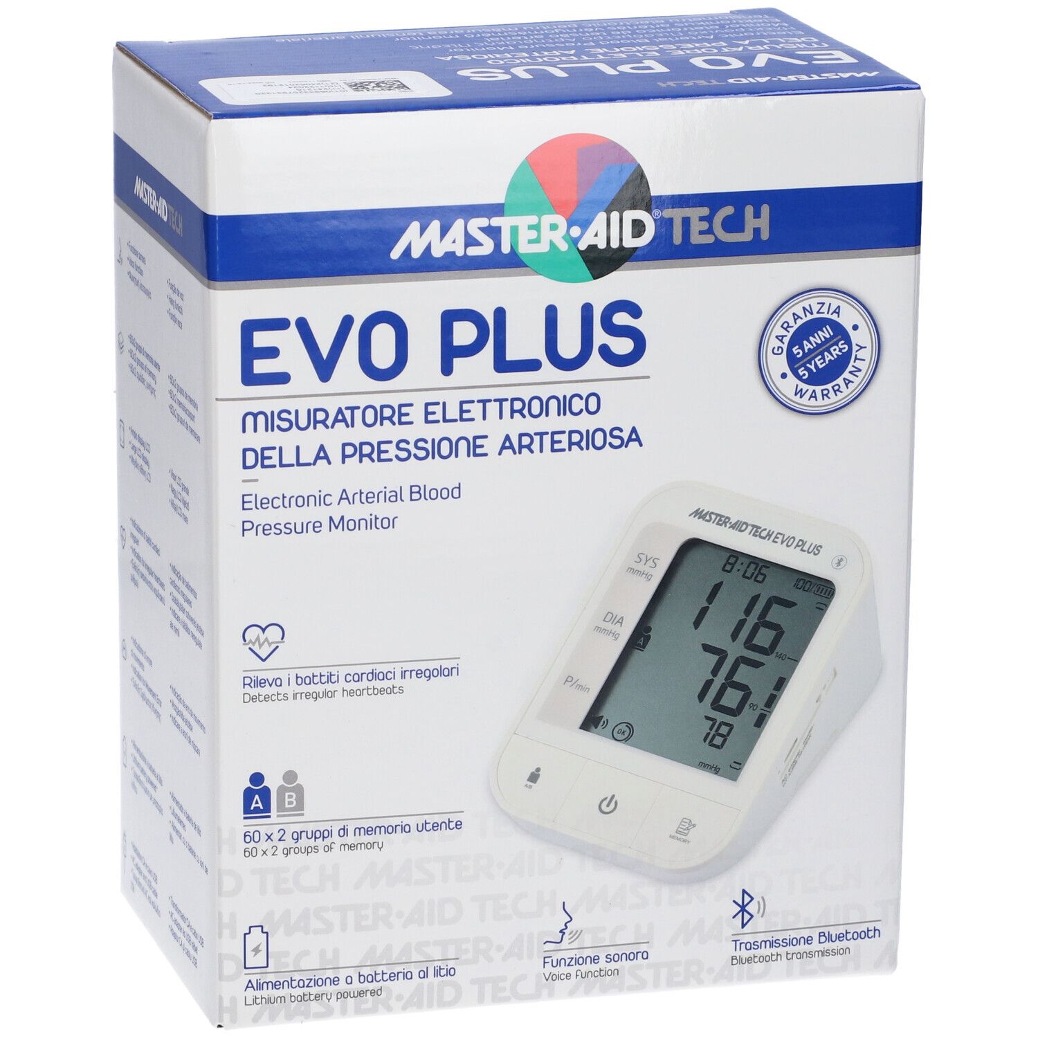Confezione del misuratore di pressione Master-Aid Tech Evo Plus. Dispositivo e display visibili. Testo: EVO PLUS, Electronic Arterial Blood Pressure Monitor.