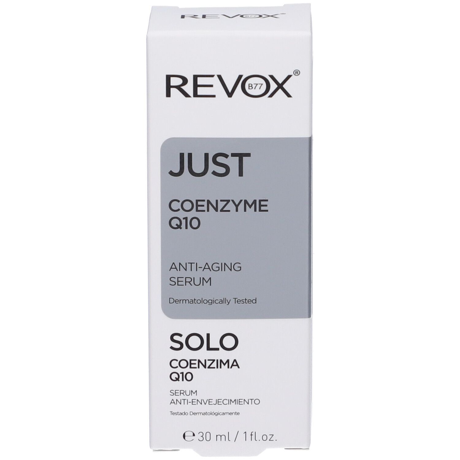 Siero anti-età Revox B77 JUST Coenzima Q10 in flacone contagocce in vetro marrone.