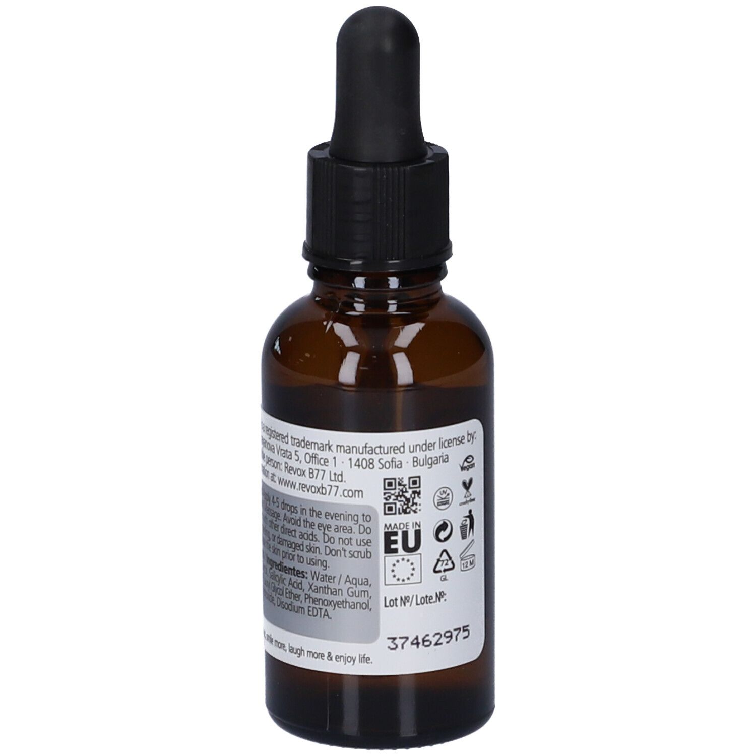 Soluzione peeling Revox Just Acido Salicilico 2% in flacone di vetro marrone con contagocce, 30ml.