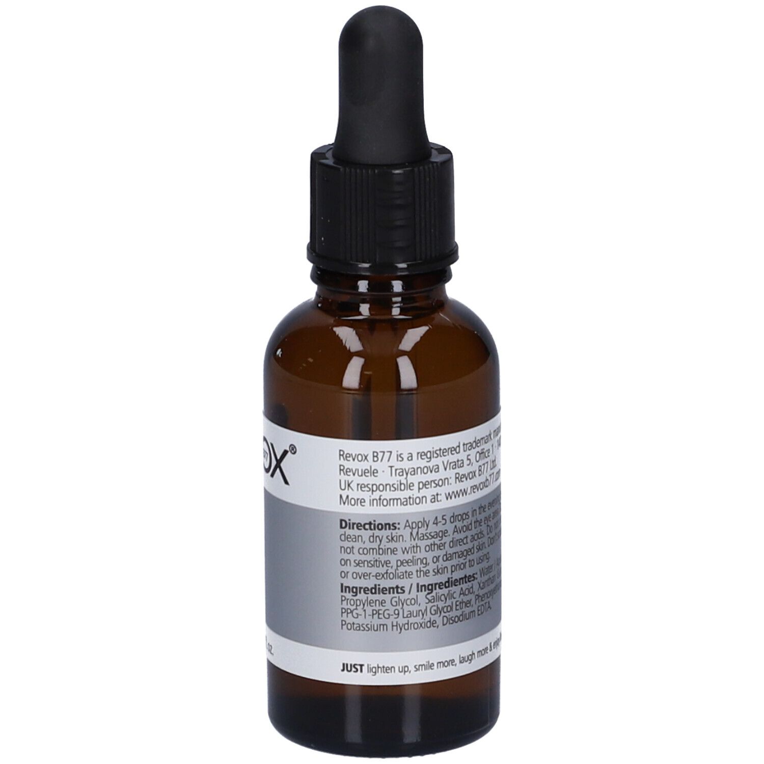 Soluzione peeling Revox Just Acido Salicilico 2% in flacone di vetro marrone con contagocce, 30ml.