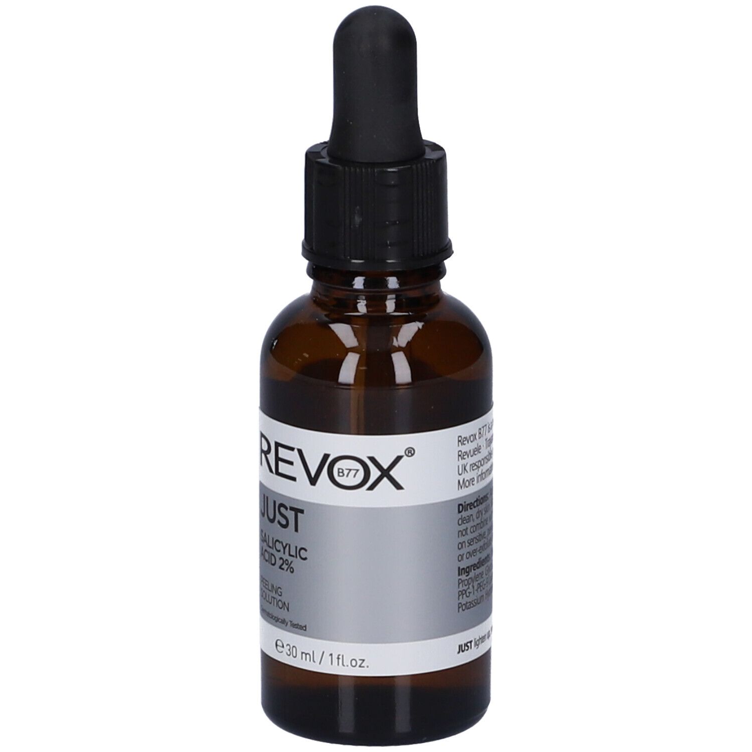 Soluzione peeling Revox Just Acido Salicilico 2% in flacone di vetro marrone con contagocce, 30ml.