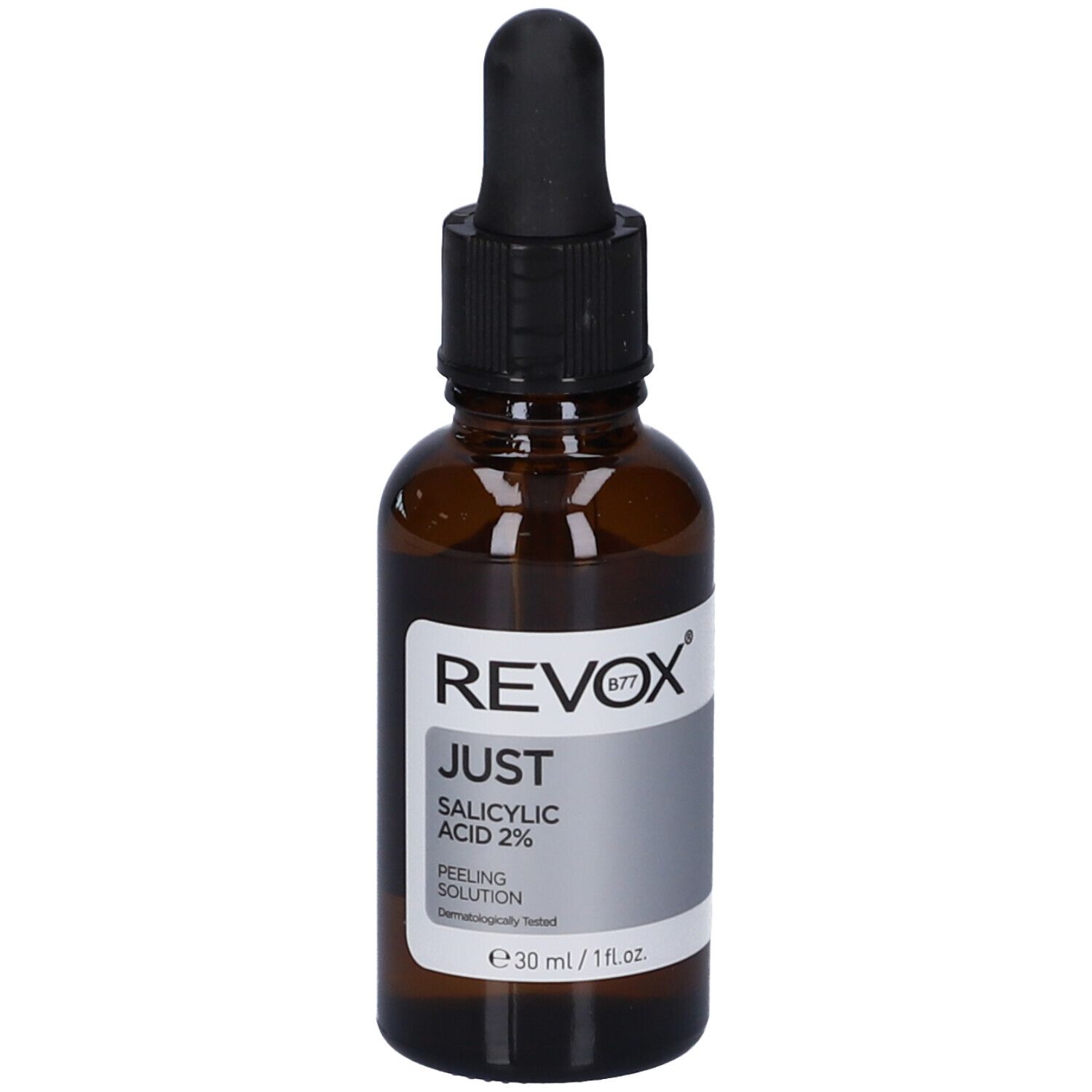 Soluzione peeling Revox Just Acido Salicilico 2% in flacone di vetro marrone con contagocce, 30ml.