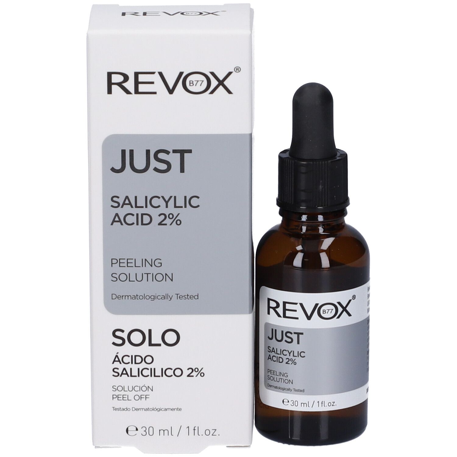 Soluzione peeling Revox Just Acido Salicilico 2% in flacone di vetro marrone con contagocce, 30ml.