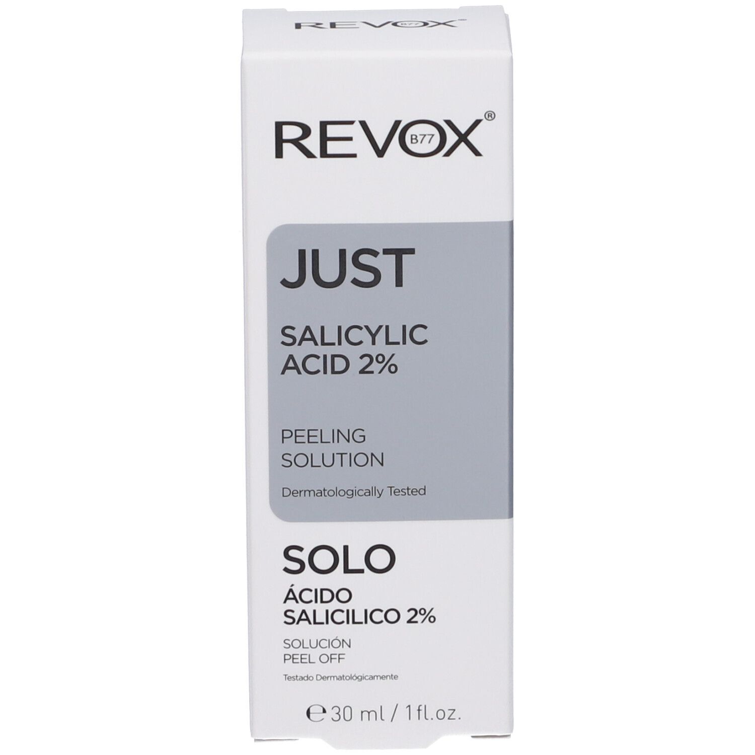 Soluzione peeling Revox Just Acido Salicilico 2% in flacone di vetro marrone con contagocce, 30ml.