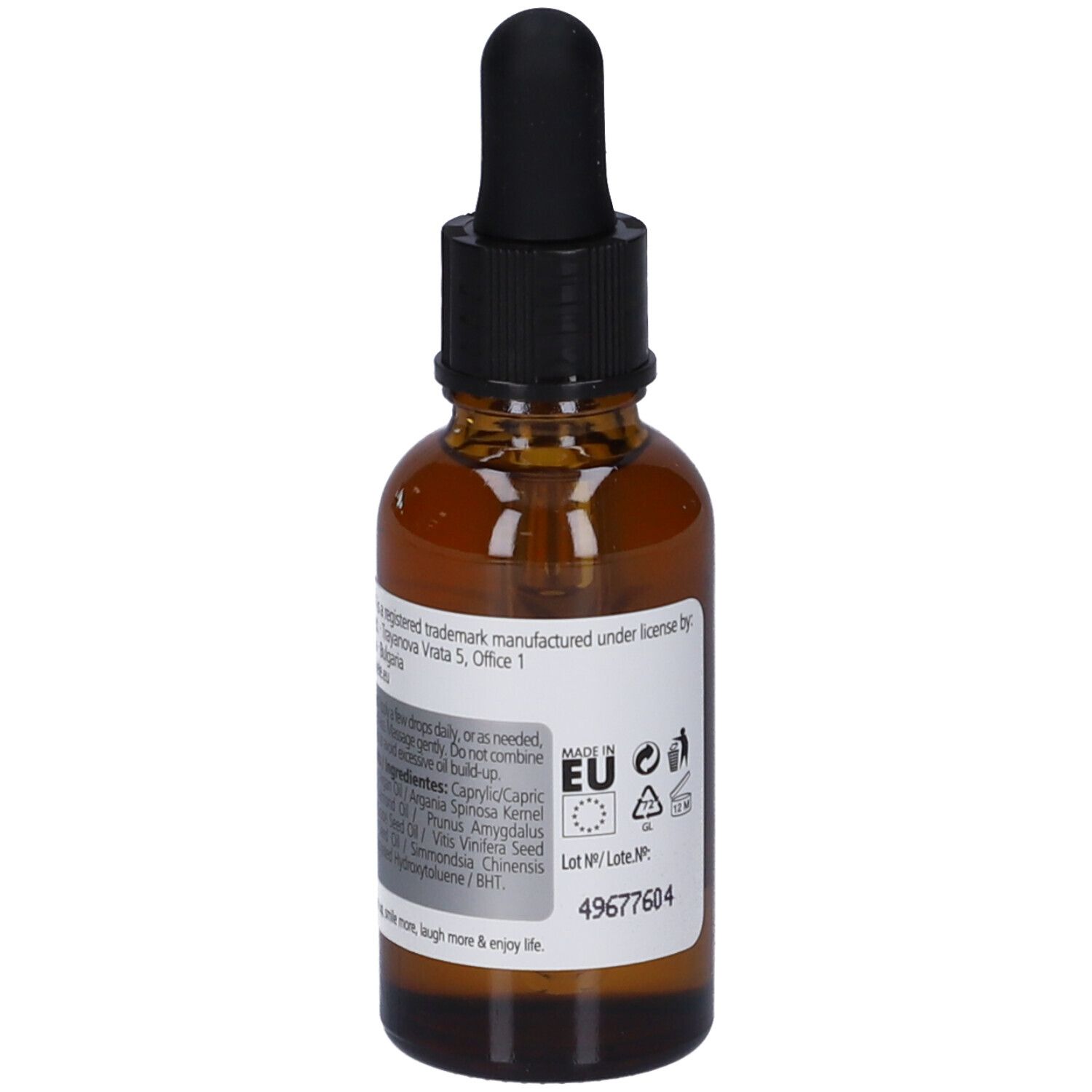 Flacone in vetro marrone con contagocce, 30 ml. Contiene un siero.