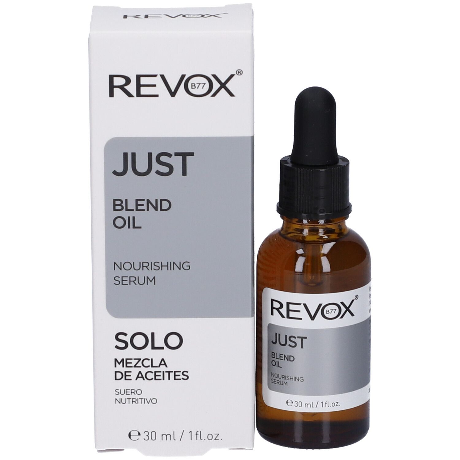 Revox Just Blend Oil in flacone di vetro marrone con contagocce e scatola esterna.