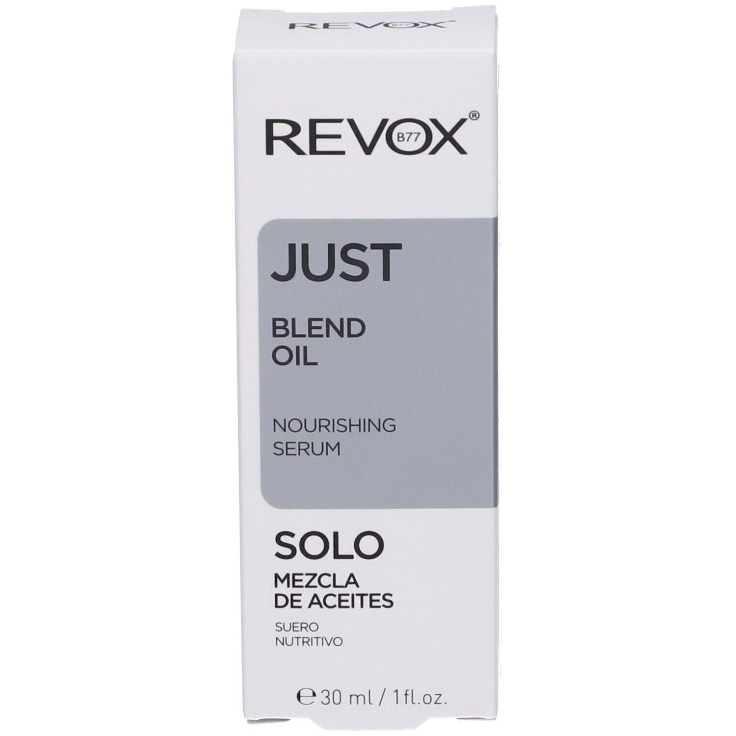 Revox Just Blend Oil, 30 ml, in flacone di vetro marrone con contagocce e scatola esterna.