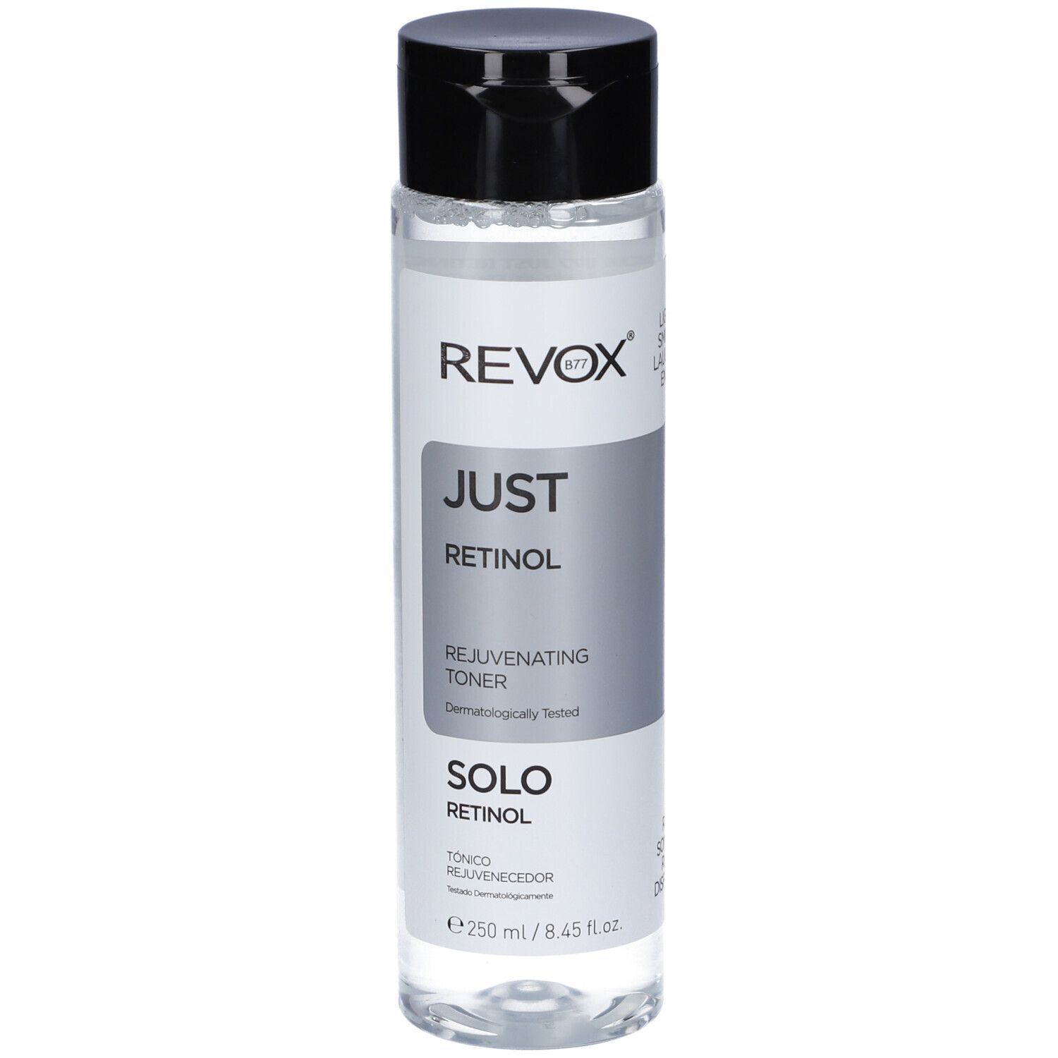 Revox Just Retinol Rejuvenating Toner, 250 ml, in flacone di plastica trasparente con tappo nero.