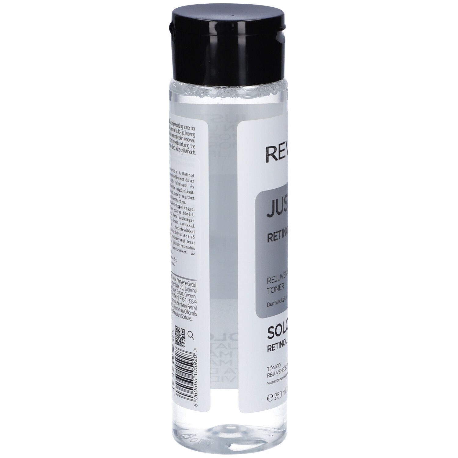 Revox Just Retinol Rejuvenating Toner, 250 ml, in flacone di plastica trasparente, retro con etichetta.